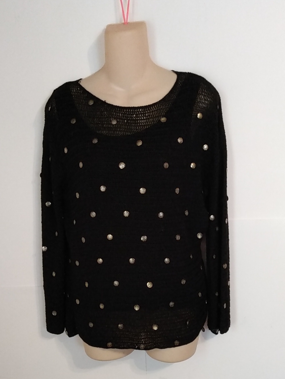 Vtg Victor Costa Black Crochet With Gold Medallions Mobwife Slinky Sweater